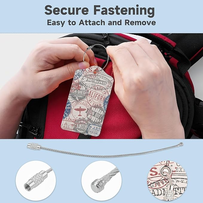 Set of 2 Luggage Tags for Suitcases, Leather Passport Travel Stamps Baggage Tags with Stainless Steel Loop, Privacy Name ID Card Cover Kawaii Travel Labels for Women Men Kids Girls