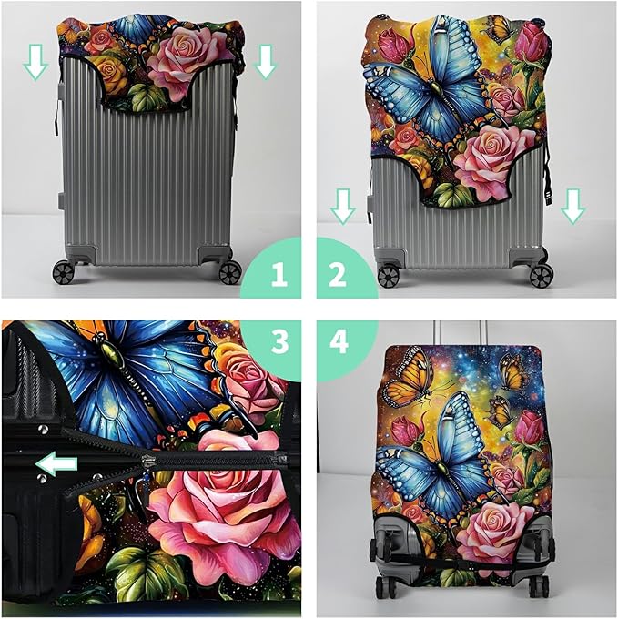 Luggage Cover Suitcase Protector + Tag, Colorful Rose Butterfly Travel Cover for 29-30 inch Luggage (XL) with Concealed Zipper, Washable Elastic Cloth, Dustproof, Anti-Scratch