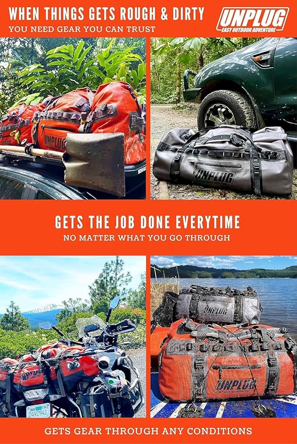 UNPLUG Ultimate Adventure Bag | 1680D Heavy Duty Waterproof Bag | Large Travel Duffle Bag which can be Used for Camping, Motorcycling, Boating, or Hunting (65L Blackops)