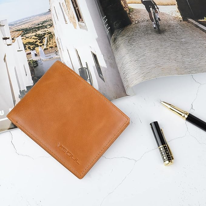 VISOUL Leather Mens Bifold RFID Blocking Wallet with 2 ID Windows, Leather Wallet for Men (Leather, Tan)