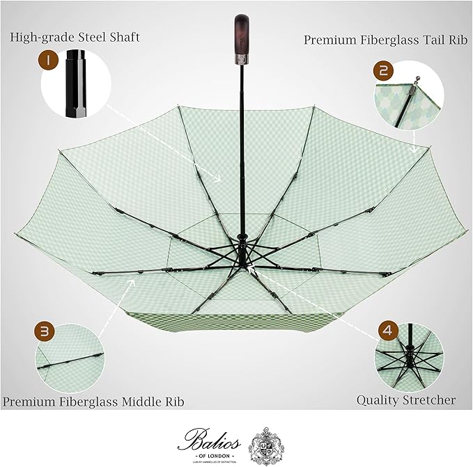Balios Travel Folding Umbrella with Real Wood Handle Auto Open Close Vented Windproof Canopy - Designed in UK