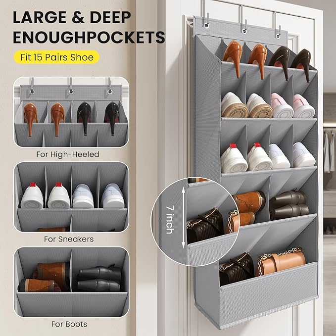 Over the Door Shoe Organizer for Closet, Shoes Rack for Closet with 15 Large Pockets, Hanging Shoe Organizers for Boot Storage, Behind the Door Narrow Shoe Holder for Small Shoes, Grey