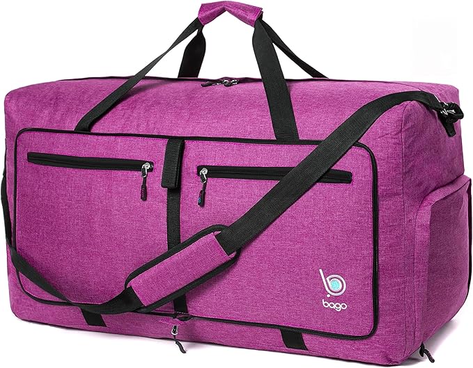 Bago Large Foldable Duffel Bags for Traveling Women & Men - 80L Packable Duffle Bag for Travel with Shoe Compartment - Water Repellant, Heavy Duty, Lightweight Folding & Collapsible (SnowPink)