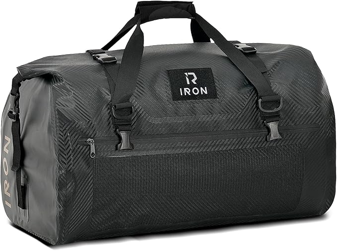 IRON JIA'S Motorcycle Dry Bag - Waterproof Duffle & Luggage Tail Bag Saddle Bags with Roll Top Closure, Shoulder Straps, Inner Pocket and Mesh Pocket (Carbon Fiber, 30L)