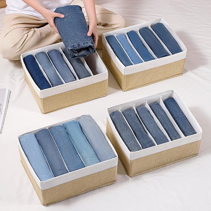 Jeans Drawer Organizers for Clothing,5 Grids Compartment Wardrobe clothes organizer,Fabric Washable Closet Organizers and Storage Bins for Jeans,Pants,Bra,Legging,t-shirt-BeigeWhite