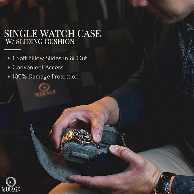 Single Watch Case - 1 Watch Travel Case Holder - Midnight Blue Swiss Motif Vegan Leather