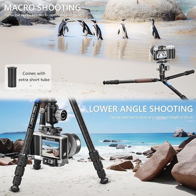 Carbon Fiber Lightweight Travel Tripod with 360° Ball Head, Removable Center Column, Folded Height 37cm, Weight 1.12kg, Maximum Load 8KG（LX-224CT+XB-32Q）
