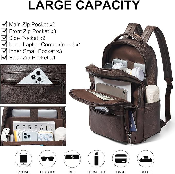 30L Business Laptop Backpack for Women Men, Travel Work Backpack Purse Faux Leather College Bookbag fits 15.6" Laptop - Coffee
