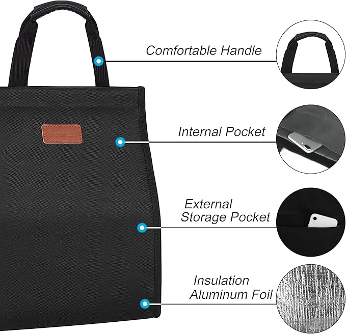 Lunch Bags for Women Insulated Reusable Lunch Tote with Internal Pocket, Adult Lunch Tote bag for Work (Black
