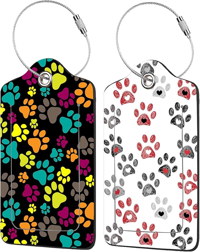 2 Pack Paw Pattern Luggage Tags for Suitcases,Paw Print Leather Baggage Suitcases Tag Name ID Label Privacy Cover Travel Bag Tags for Women Men Boys Girls