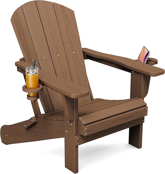 SERWALL Folding Adirondack Chair, Dual Cup Holders & All-Weather HDPE, Wood-Like Patio Chair for Backyard, Camping，Pool & Fire Pit- Brown