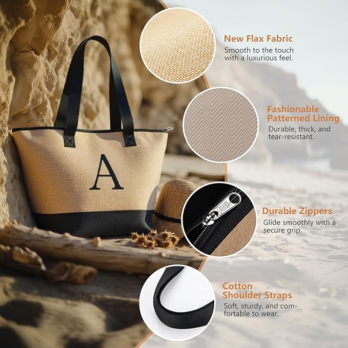KALIDI Woven Tote Bag for Women, Lightweigh Monogram Beach Bag with Zipper & Sand-Proof Canvas Base, Personalized Gift