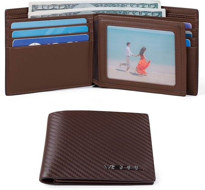 VISOUL Mens Carbon Fiber Leather Bifold Wallet with 2 ID Windows, RFID Blocking Stylish Wallet for Men with 2 Cash Compartments (Brown+Brown)