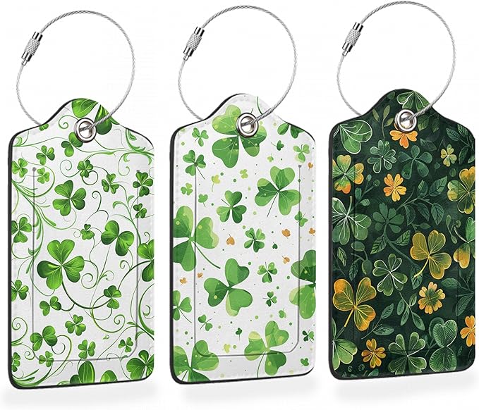 St. Patrick’s Day 3 PCS Luggage Tags, Lucky Clovers Leather Suitcase Tags with Privacy Cover Name Address Labels and Durable Steel Loop for Men/Women Travel Bag Suitcases