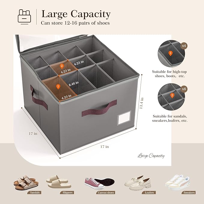 Criusia Shoe Organizer for Closet, 4 Pack Shoe Organizer with Transparent Cover and Sturdy Handles, Closet Shoe Storage for Sneakers Sandals Slippers, Fit 12-16 Pairs, Gray