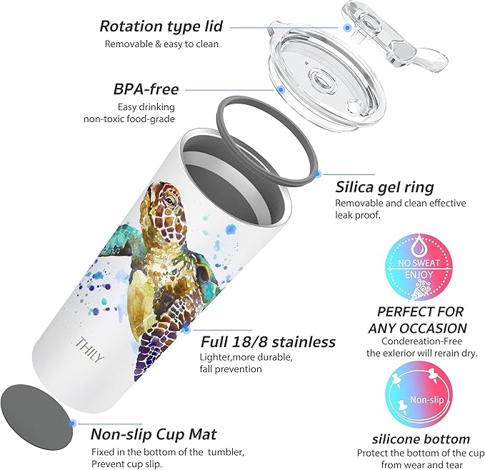 THILY Stainless Steel Vacuum Insulated Tumbler Travel Mug 26 oz Coffee Cup with 2 Lids and Straws, Splash Proof, Keep Ice Drinks Cold, Sea Turtle