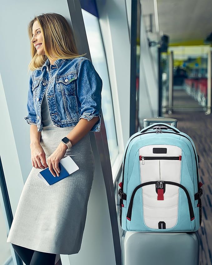 LOVEVOOK Travel Laptop Backpack Waterproof Anti Theft Backpack with Lock and USB Charging Port Large Computer Business Backpack for Women College Backpack (17 inch,Paleturquoise & White