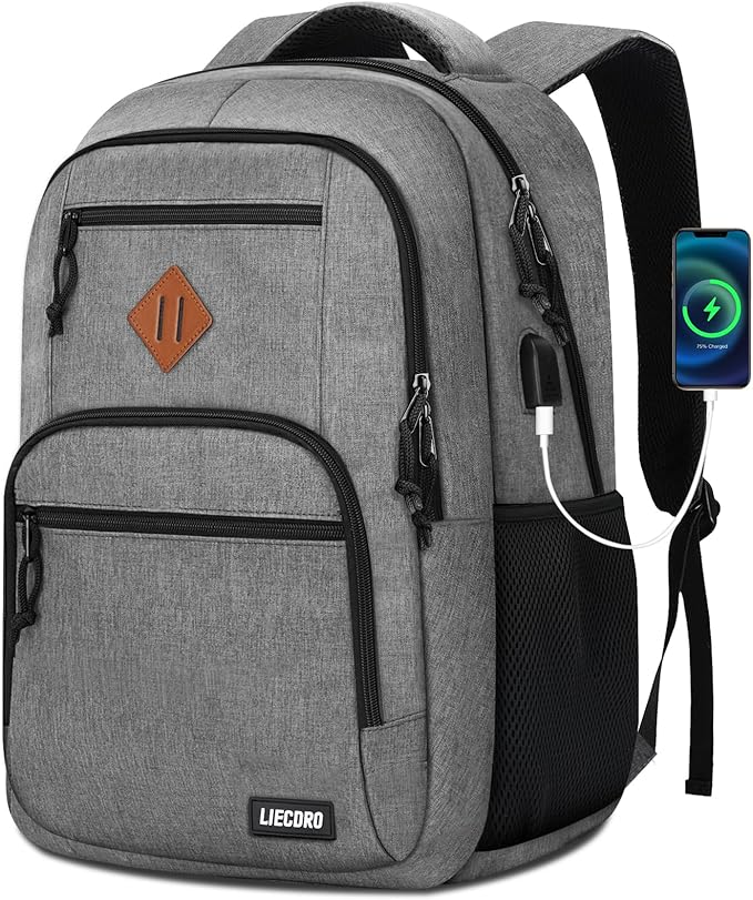 Grey Backpacks for Men, Backpack for School, School Backpack for Boys Teens, 15.6 inch Laptop Back Pack with USB Charging Port, College Book Bag, Business Work Travel Bookbag, mochilas para hombres