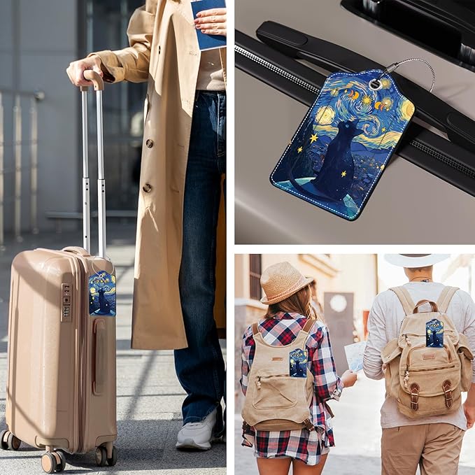 2 Pcs Colorful Luggage Tags for Suitcase, Cat Leather Luggage Tags Cute, Privacy Cover ID Label with Stainless Steel Loop & Address Card, Funny Cat Travel Bag Tag Luggage Accessories for Suitcases