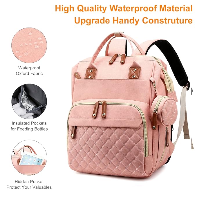Diaper Bag, Backpack with Changing Station, Waterproof Baby Bag for Boys & Girls, USB Charging Port for Parents, Travel Backpack Baby Essentials & Lovely Baby Shower Gifts, Pink