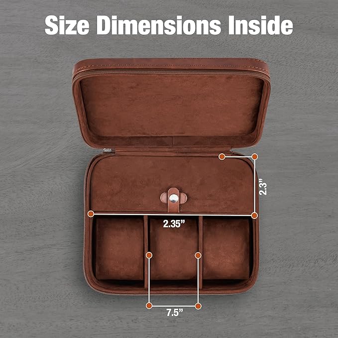 Awesometik Luxury Travel PU Leather Watch Case. Watch Storage Organizer. Watch Display & Watch Holder. Perfect For Watch Collection. Ready to Gift for Men (Brown/Brown, Engraved 3 Slot Watch Case)