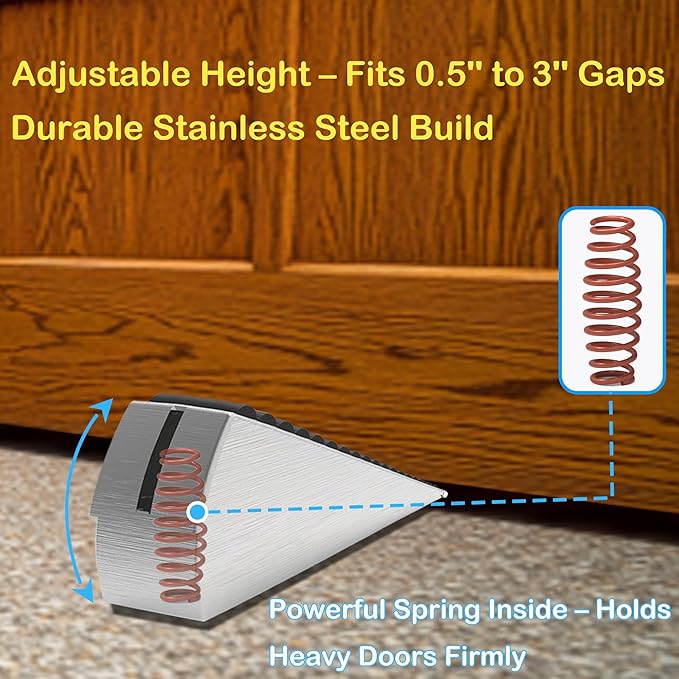 Door Stoppers for Bottom of Door Heavy Duty Adjustable Spring Loaded Rubber Wedge 0.2-3" Stackable Set–1 Large + 2 Small, Non-Slip Base, Security Door Stopper for Interior/Exterior/Home/Office