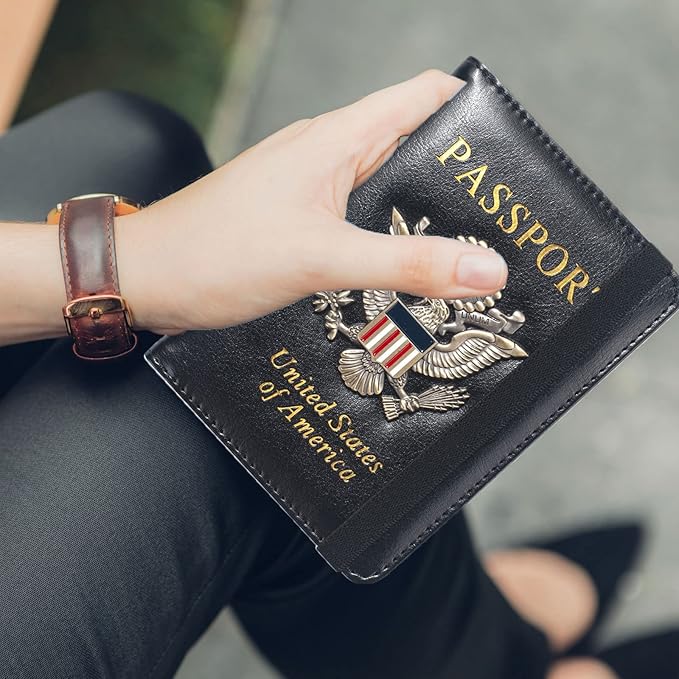 Passport Holder for Travel Passport Cover for Men Passport Wallet Case With 3D Metal Badge Protector Leather Card Case RFID Blocking Women Travel Accessories Document Organizer (Black)