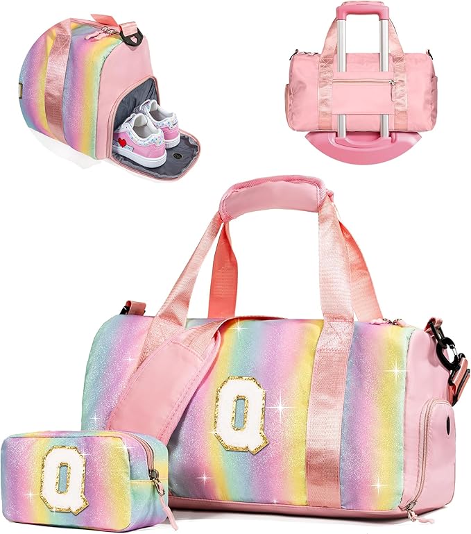 Valentines Day Gift for Girls-Girl Gym Bag with Shoe Compartment, Kid Personalized Weekender Overnight Bags, Initial Travel Tote with Makeup Pouch, Easter Gifts for Teen Daughter (Letter Q)