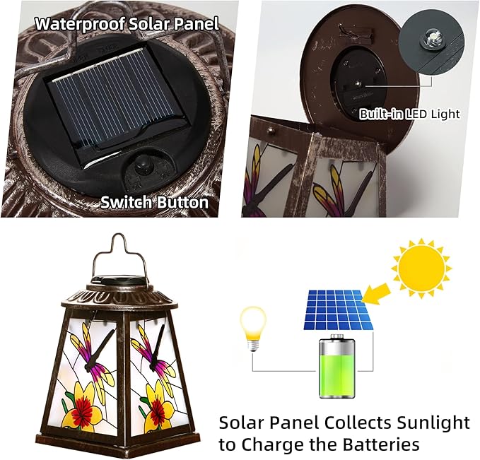 Dragonfly Solar Lantern with Shepherd Hook, Outdoor Hanging Metal LED Garden Light Waterproof for Patio Yard Pathway, Vintage Dragonfly Lantern Decor and Thoughtful Garden Gift for Mom Grandma Women