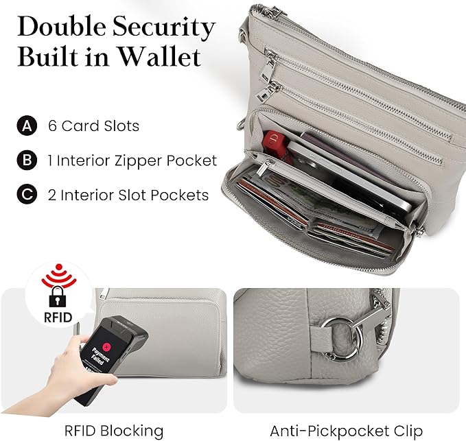 befen Genuine Leather Crossbody Bags for Women, Lightweight Medium Anti-Theft Shoulder Purse with Built in RFID Wallet