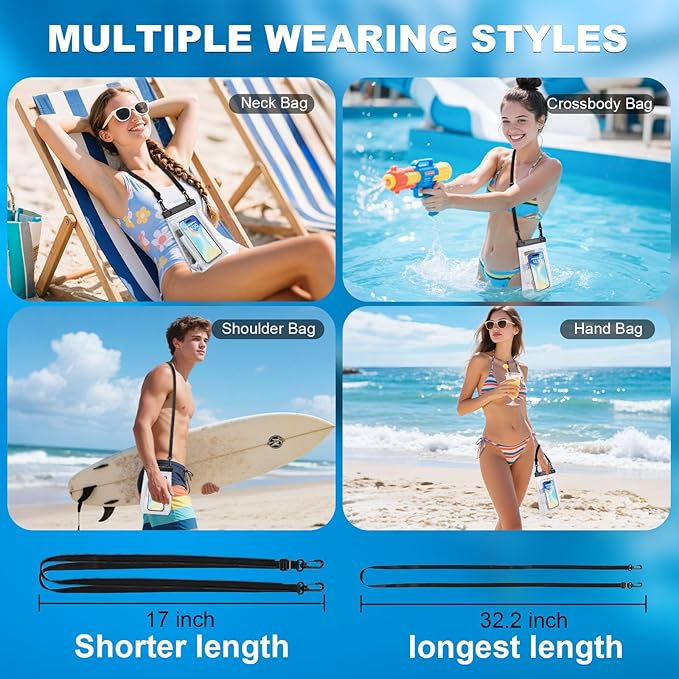 2 Pack Large Waterproof Phone Pouch, Waterproof Phone Case for iPhone 16 15 14 13 Pro Max Galaxy S25 S24 All Devices, IPX8 Double Sealing, Floating Water Proof Bag for Beach Swimming Pool