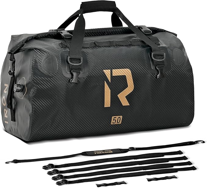 IRON JIA'S Motorcycle Dry Bag - Waterproof Duffle & Luggage Tail Bag Saddle Bags with Roll Top Closure, Shoulder Straps, Inner Pocket and Mesh Pocket (Carbon Fiber, 50L)