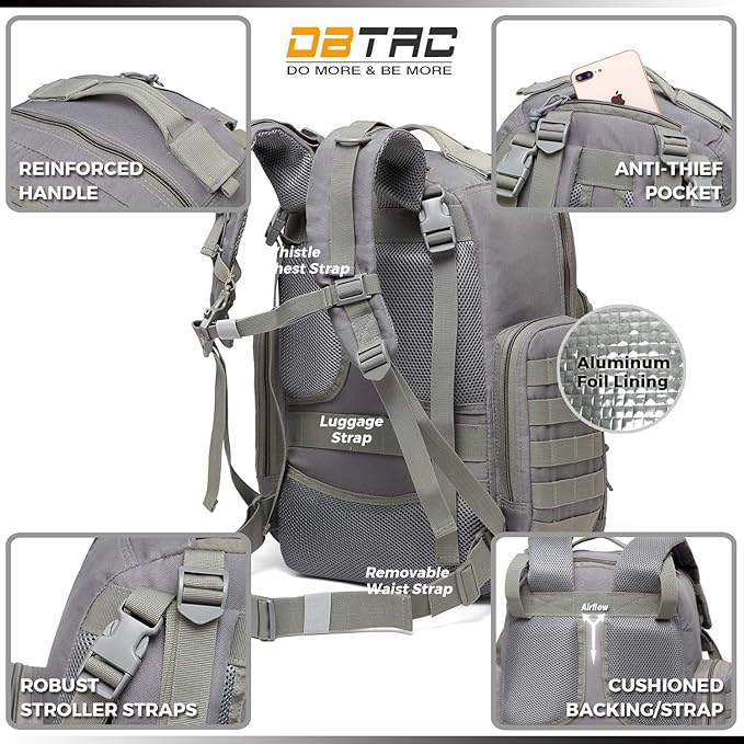 Diaper Bag Backpack for Dad, DBTAC Large Baby Nappy Bag for Men w/Changing Mat, Insulated+Wipe Pockets, Stroller Straps, Grey