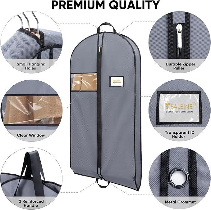 BALEINE 5PK Heavy Duty Garment Bag with Shoe Storage Travel Bag for Dresses, Suit, Coats Travel Essential (60", Grey)