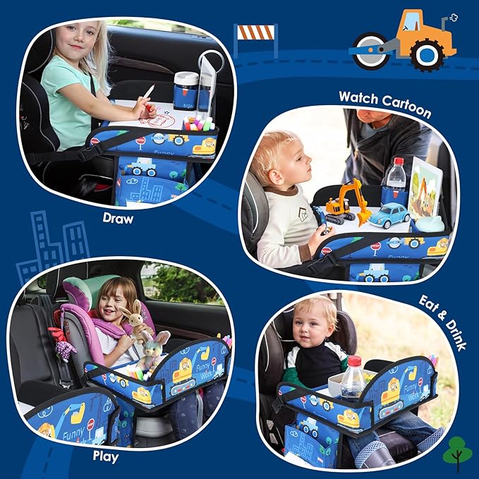 Kids Travel Tray for Airplane - Toddler Car Seat Table Tray, Road Trip Essentials for Boys & Girls, Carseat Lap Desk for Kids Road Trip Activities (Dark Blue Car)