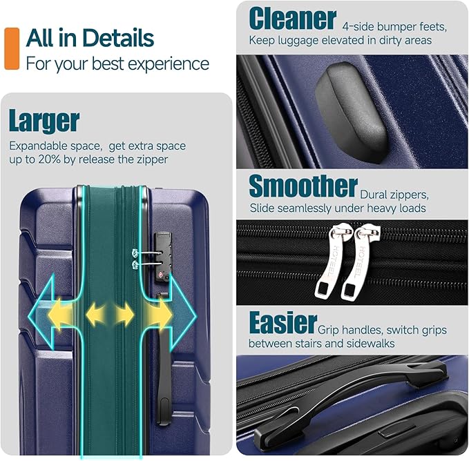Hoteel Luggage Sets 3 Piece, ABS+PC Hard Shell Expandable Suitcases with Wheels, TSA Aproved Lock and Carry on Bags, Travel Suit Case Set for Men and Women, (3-Piece, Blue)