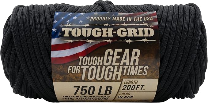 TOUGH-GRID 750 Paracord Rope Nylon Parachute Cord, Made in USA Survival Kit, Outdoor Adventures, Camping, Tactical Gear & Emergency Supplies, Military Type IV Mil-Spec