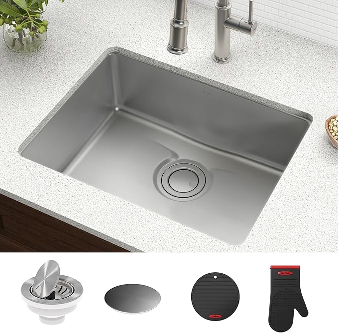 KRAUS Dex 25-Inch Undermount Single Bowl TRU16 Gauge Stainless Steel Kitchen Sink with DrainAssure WaterWay and VersiDrain Assembly in Radiant Pearl Finish, KD1US25B