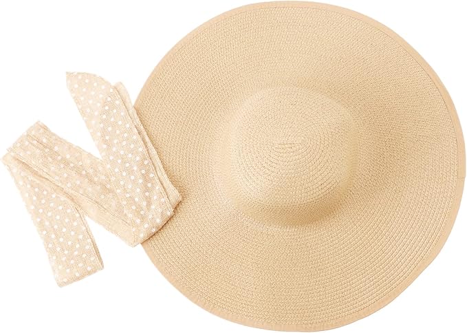 DRESHOW Beach Hats for Women Big Straw Wide Brim Summer Hat Floppy Foldable Roll up Cap Sun Hat UPF 50+