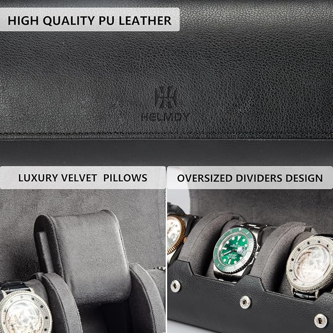 Watch Travel Case for Men: 3 Slot Watch Box Organizer Display Case - Portable Watch Storage & Travel Case - Watch Roll Fits All Wrist Watches & Smart Watches Up to 50mm (Black)