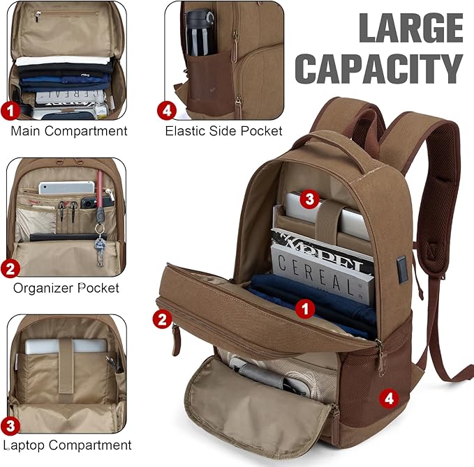Tzowla Canvas Laptop College Backpack for Men and Women,Travel Work Vintage Rucksack with USB/Type-C Charging Port,Lightweight Hiking Casual Daypack Backpacks fit 15.6 inch Notebook,Brown