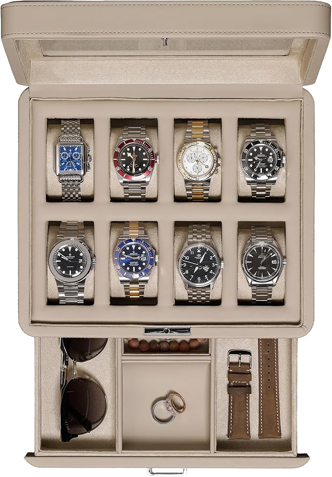 ROTHWELL 8 Slot Leather Watch Box with Valet Drawer - Luxury Case Display Jewelry Organizer, Locking Display Case Holder with Real Glass Top - Watch Box Organizer for Men & Women (Oatmeal)