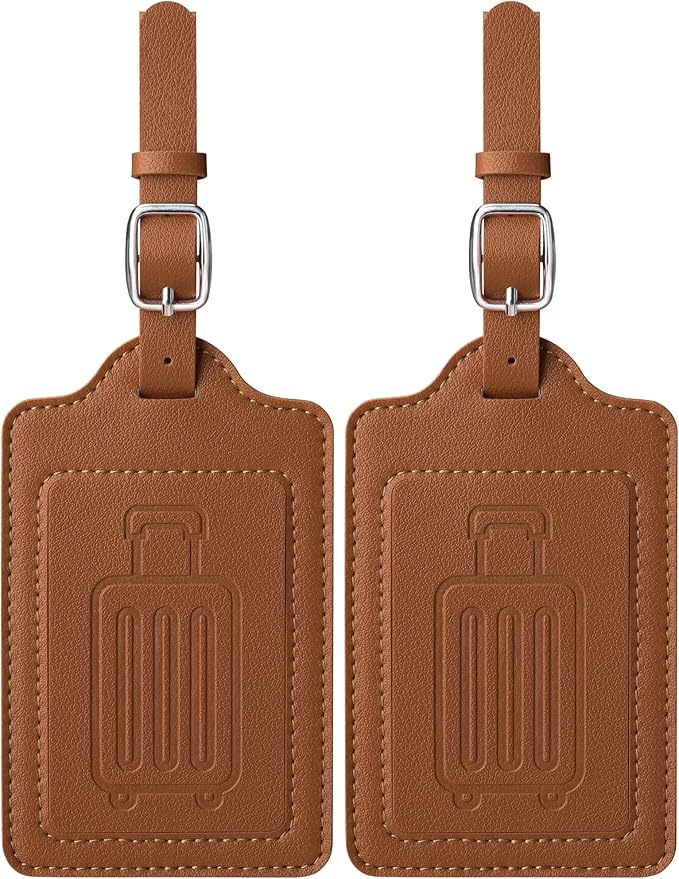 Teskyer Luggage Tags for Suitcases, TSA Approved with Privacy Protection Cover, Premium Faux Leather Bag Tags for Travel - 2 Pack, Brown