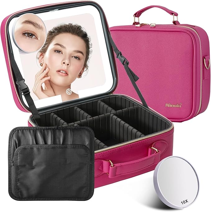 Mocado Travel Makeup Bag with LED Lighted Mirror,Travel Makeup Organizer,Makeup Case with 3 Color Lighted Setting and 10x Magnifying Mirror,Portable Storage and Adjustable Dividers Makeup Box(Violet)