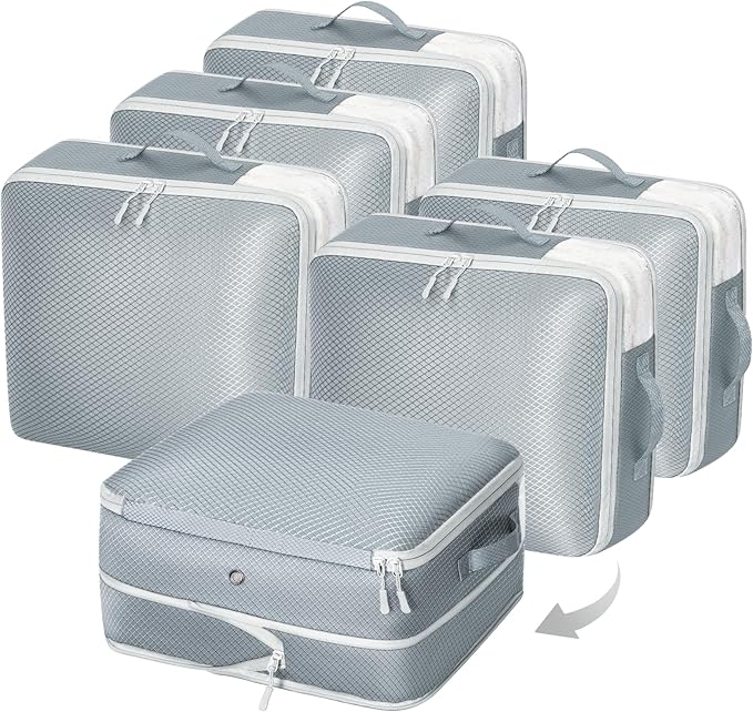 DIMJ Clothes Storage Bag 6 Pack, 19L Compression Storage Bags for Blanket, Sweater, Jacket, Closet, Sheet Storage Organizer with Window Handle, Space Saver Storage Bags with Zipper, Gray