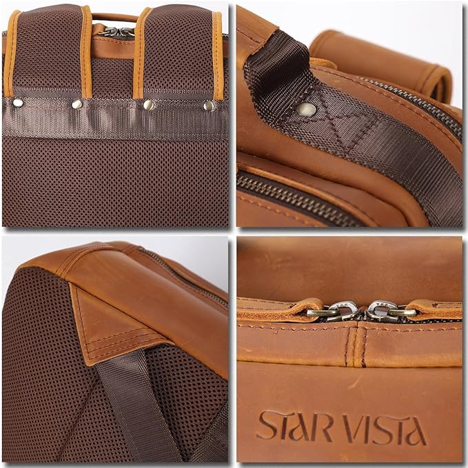 STAR VISTA Angelo 17.3" Vintage Full Grain Leather Laptop Backpack for Men, Multi Pockets, Casual Outdoor Business Travel Rucksack, YKK Zippers, Light Brown