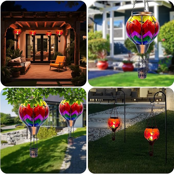 Hot Air Balloon Solar Lantern with Flickering Flame Light Glass Hanging Solar Lanterns Outdoor Waterproof for Garden Tree Yard Patio Party Decor, Color-Wave