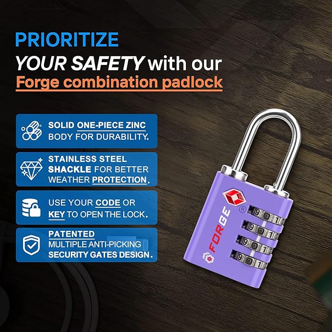Forge Dual-Opening: Key or Combination Access Lock, TSA Approved Locks for Luggage, Pelican case, Travel, Gym, School, Stainless Steel Shackle. (Purple, 2 Pk)
