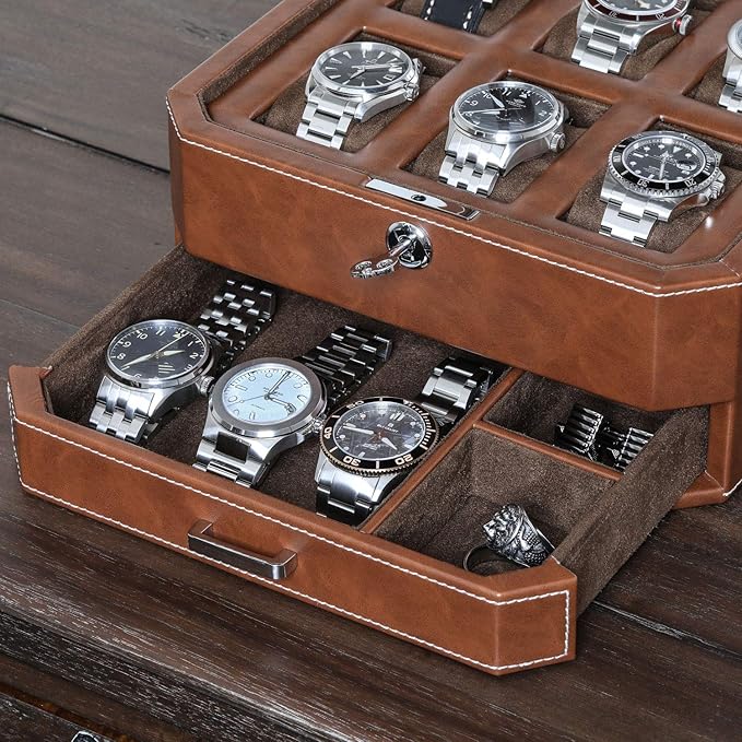 ROTHWELL 6 Slot Leather Watch Box with Valet Drawer - Luxury Case Display Organizer, Microsuede Liner, Locking Mens Jewelry Watches Holder, Men's Watch Storage Large Glass Top (Tan/Brown)