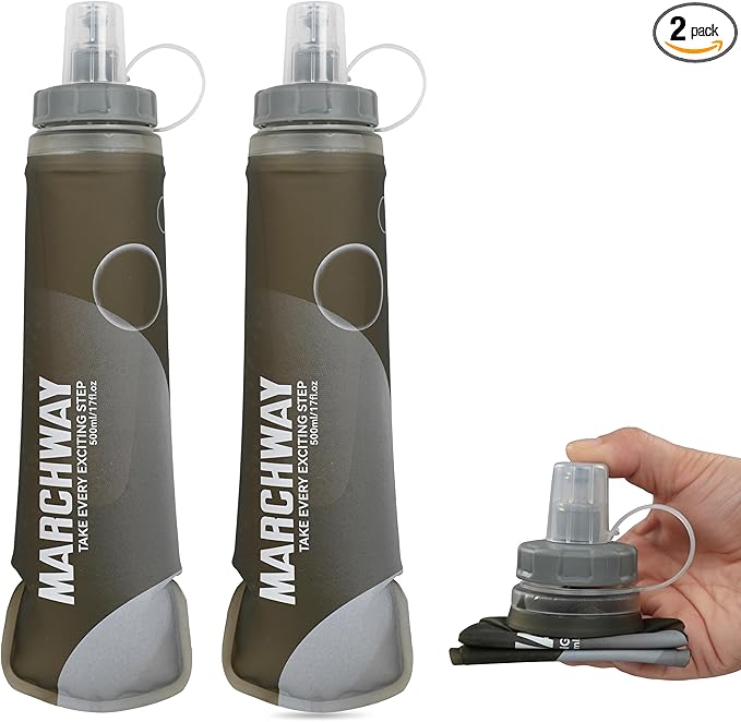 MARCHWAY Soft Hydration Flask with Wide Mouth, 300ml/500ml Collapsible TPU Water Bottle, Leakproof Portable Flexible for Running, Hiking, Cycling, Climbing, Gym, Travel (2pcs Grey 500ml)